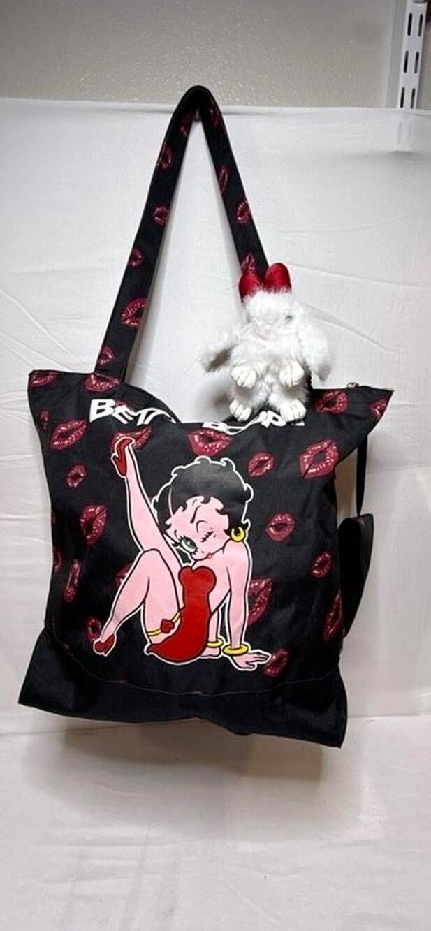 Betty Boop Canvas Tote Bag Black Kiss Lips Large Shoulder Shopper Zipper Coin Pu